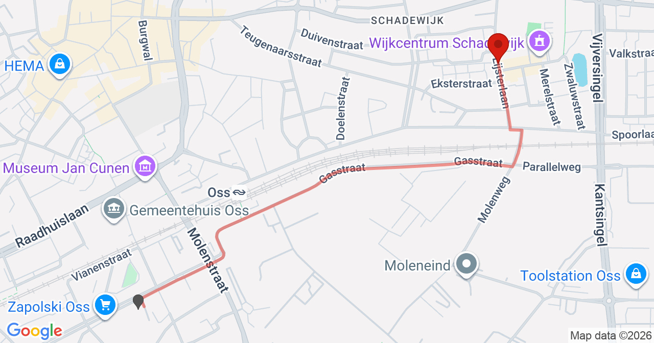 Kaart van het incident in Oss met de aanrijroutes van de gealarmeerde eenheden