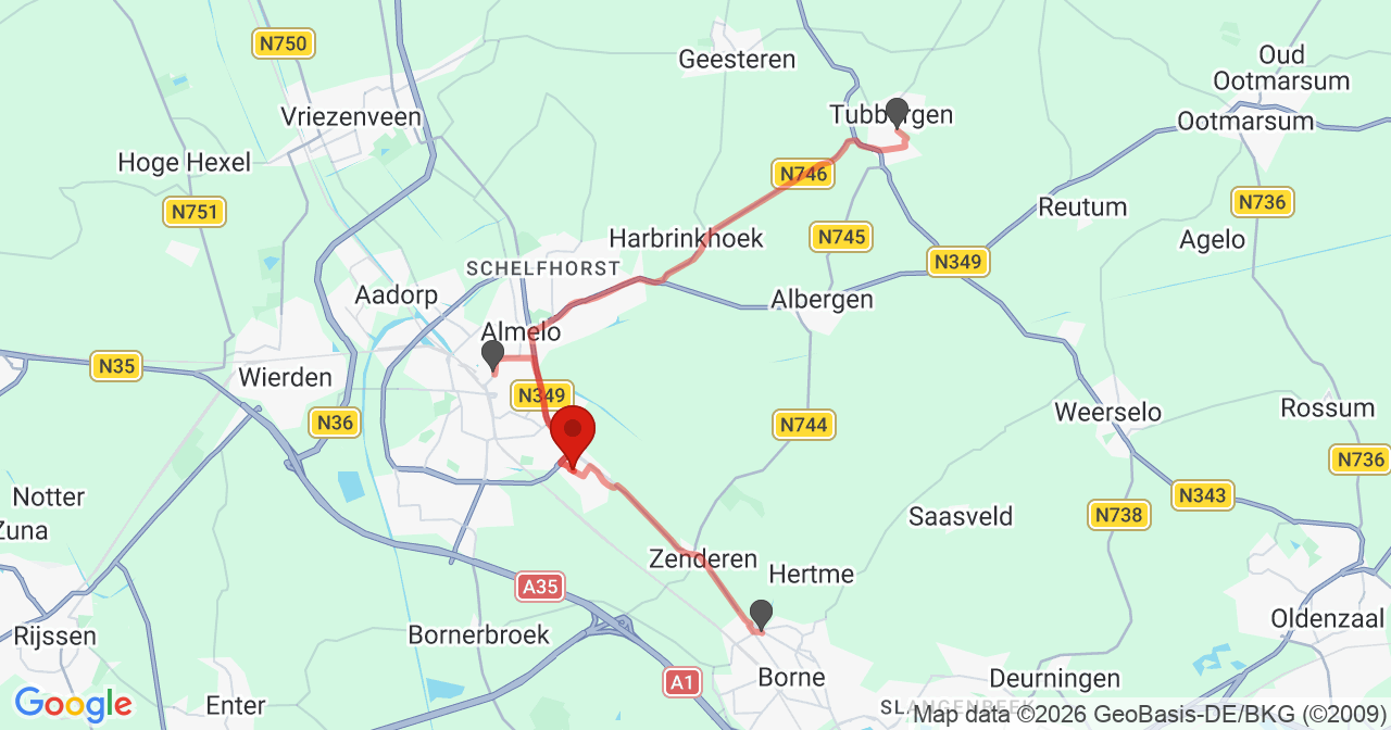 Kaart van het incident in Almelo met de aanrijroutes van de gealarmeerde eenheden