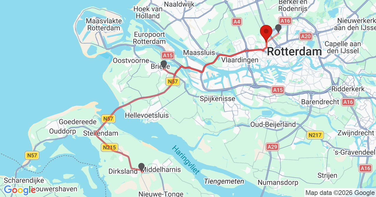 Kaart van het incident in Schiedam met de aanrijroutes van de gealarmeerde eenheden