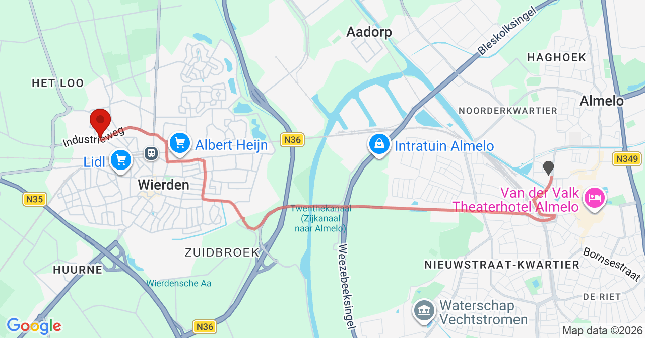 Kaart van het incident in Wierden met de aanrijroutes van de gealarmeerde eenheden