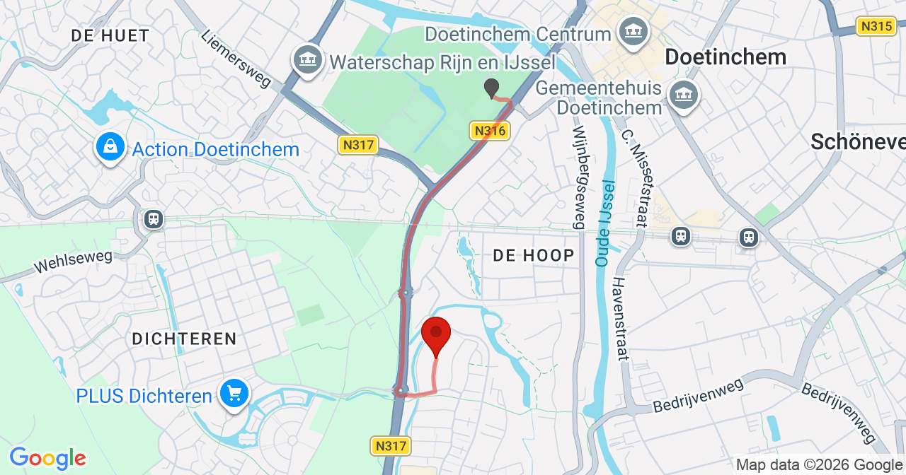 Kaart van het incident in Doetinchem met de aanrijroutes van de gealarmeerde eenheden