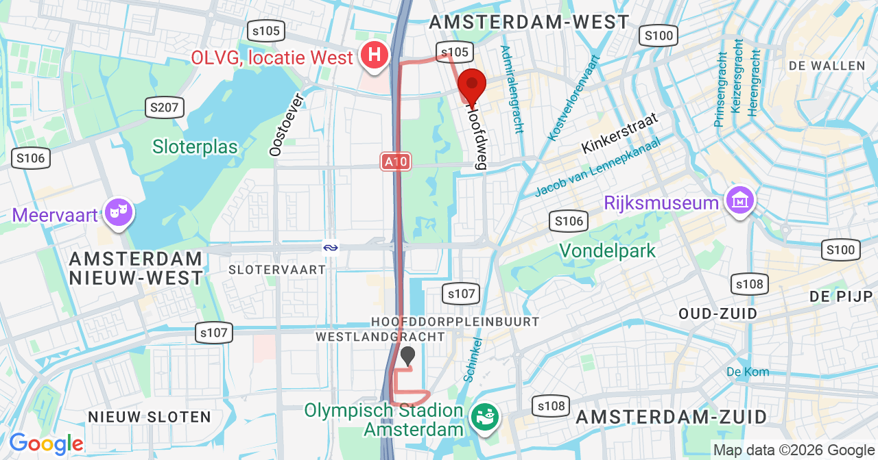 Kaart van het incident in Amsterdam met de aanrijroutes van de gealarmeerde eenheden