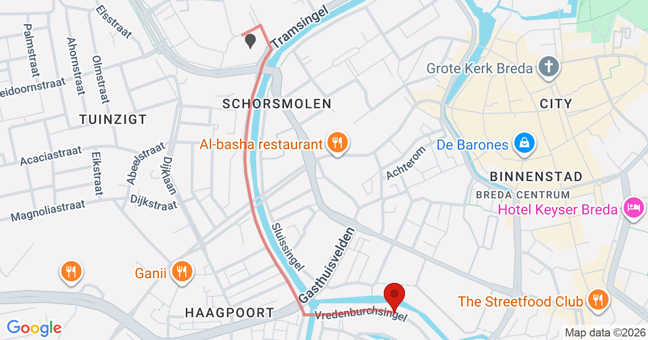 Kaart van het incident in Breda met de aanrijroutes van de gealarmeerde eenheden
