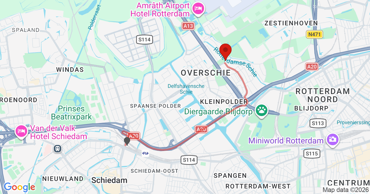 Kaart van het incident in Rotterdam met de aanrijroutes van de gealarmeerde eenheden