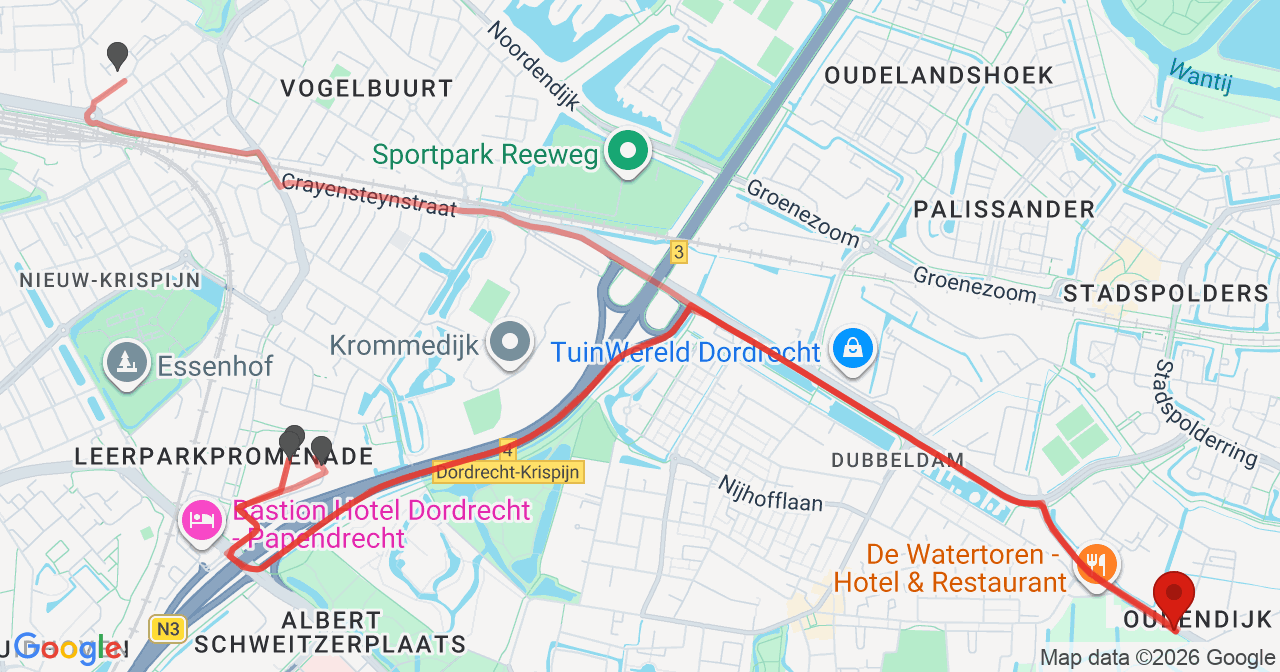 Kaart van het incident in Dordrecht met de aanrijroutes van de gealarmeerde eenheden