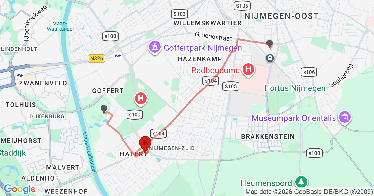 Kaart van het incident in Nijmegen met de aanrijroutes van de gealarmeerde eenheden