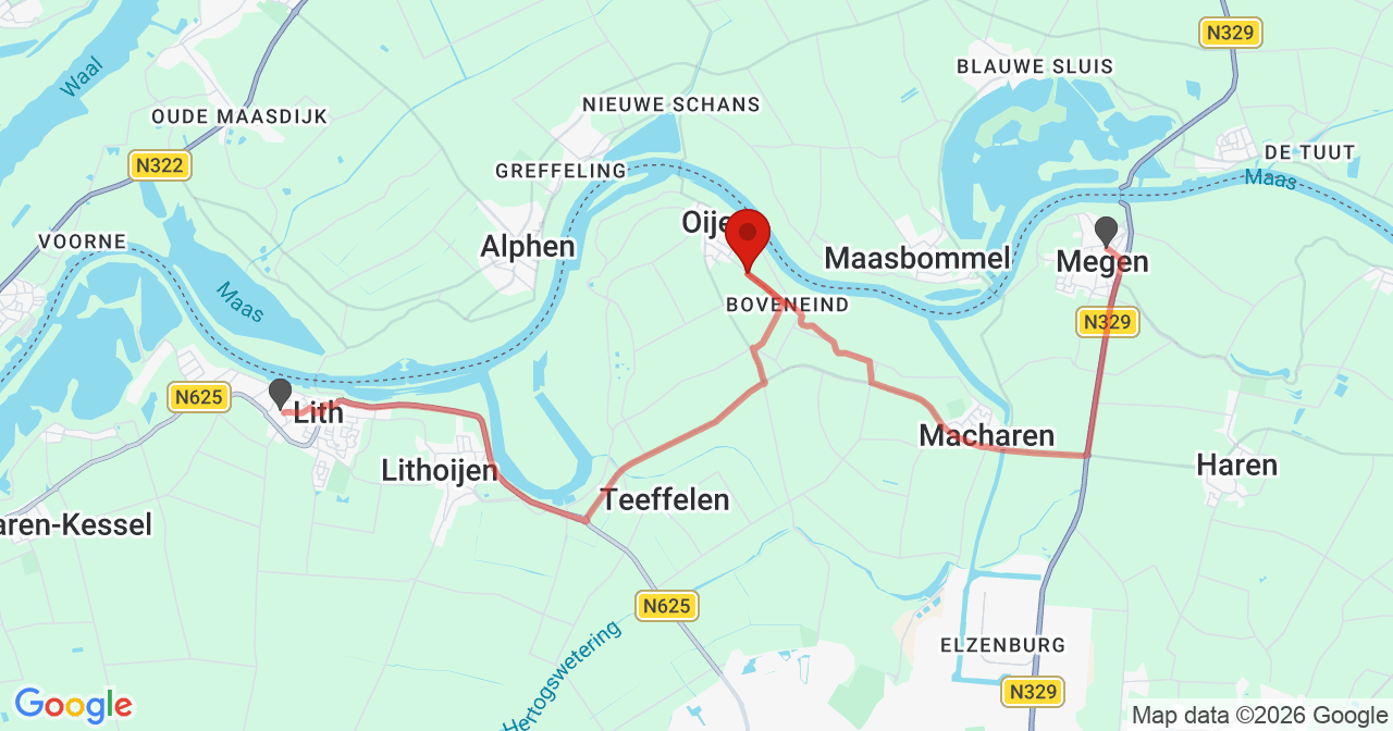 Kaart van het incident in Oijen met de aanrijroutes van de gealarmeerde eenheden