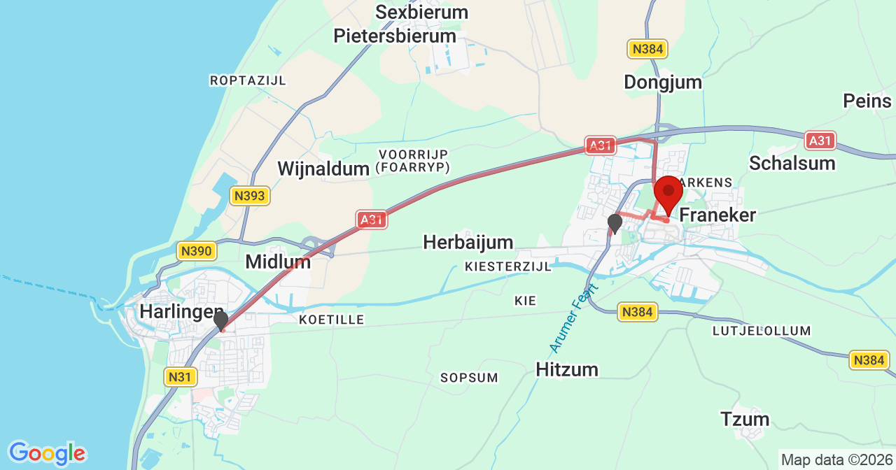 Kaart van het incident in Franeker met de aanrijroutes van de gealarmeerde eenheden