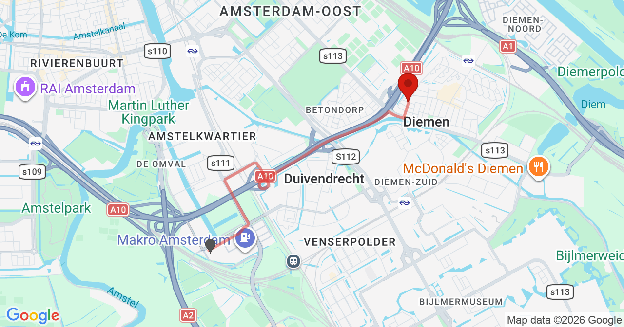 Kaart van het incident in Diemen met de aanrijroutes van de gealarmeerde eenheden