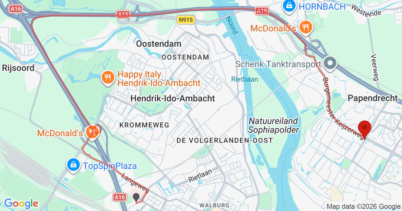 Kaart van het incident in Papendrecht met de aanrijroutes van de gealarmeerde eenheden