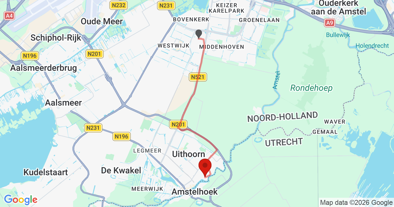 Kaart van het incident in Uithoorn met de aanrijroutes van de gealarmeerde eenheden