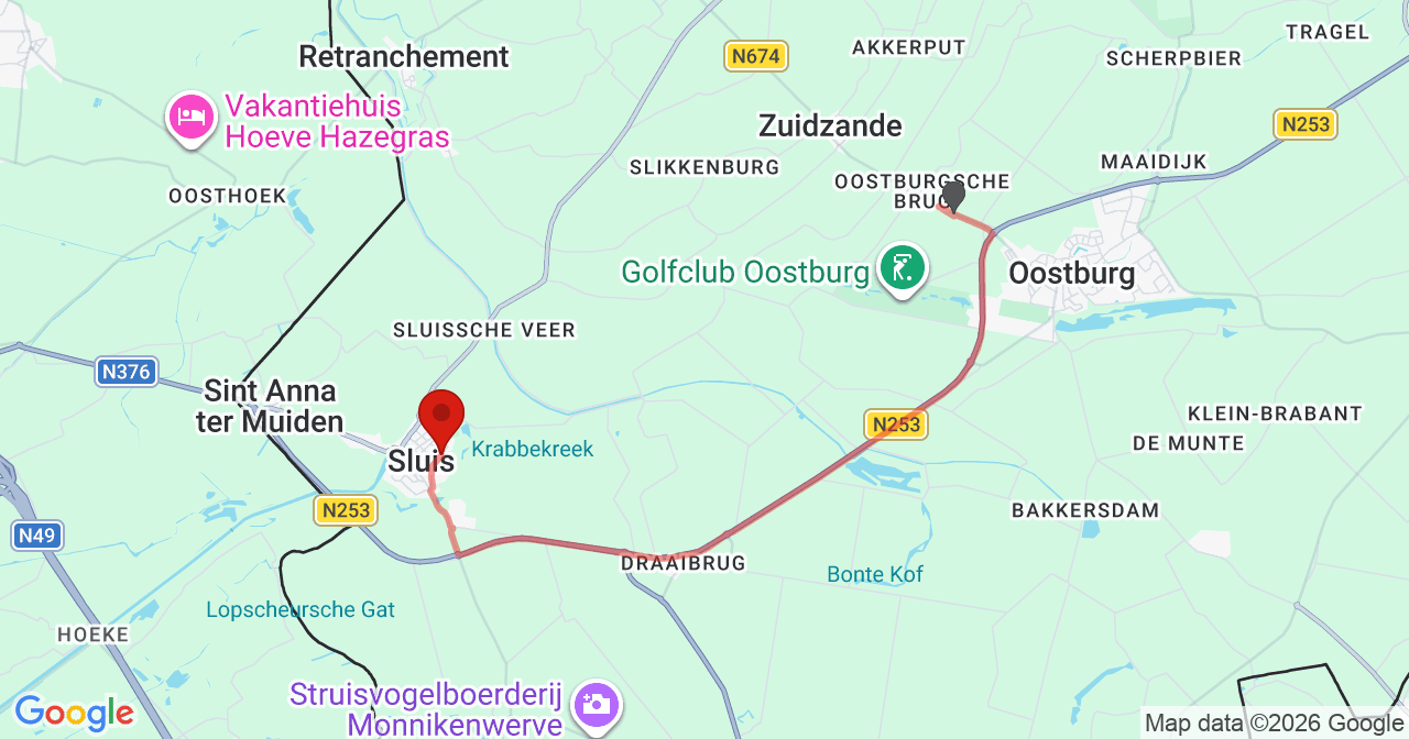 Kaart van het incident in Sluis met de aanrijroutes van de gealarmeerde eenheden