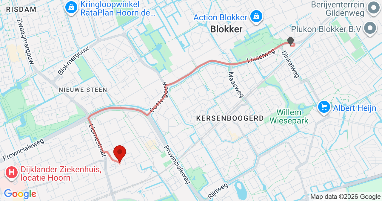 Kaart van het incident in Hoorn NH met de aanrijroutes van de gealarmeerde eenheden