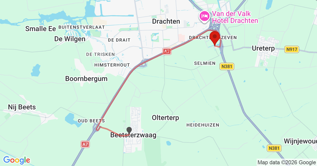 Kaart van het incident in Drachten-Azeven met de aanrijroutes van de gealarmeerde eenheden