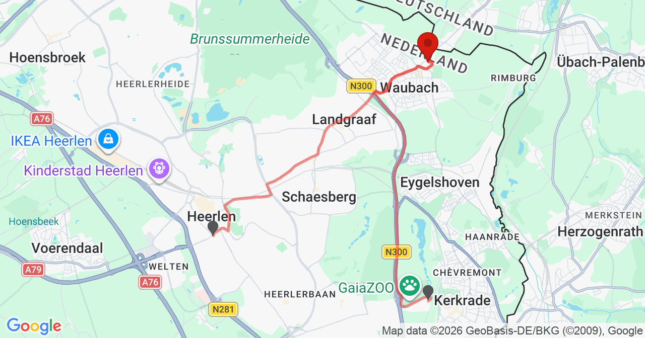 Kaart van het incident in Landgraaf met de aanrijroutes van de gealarmeerde eenheden