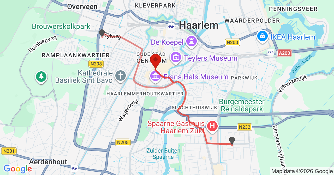 Kaart van het incident in Haarlem met de aanrijroutes van de gealarmeerde eenheden