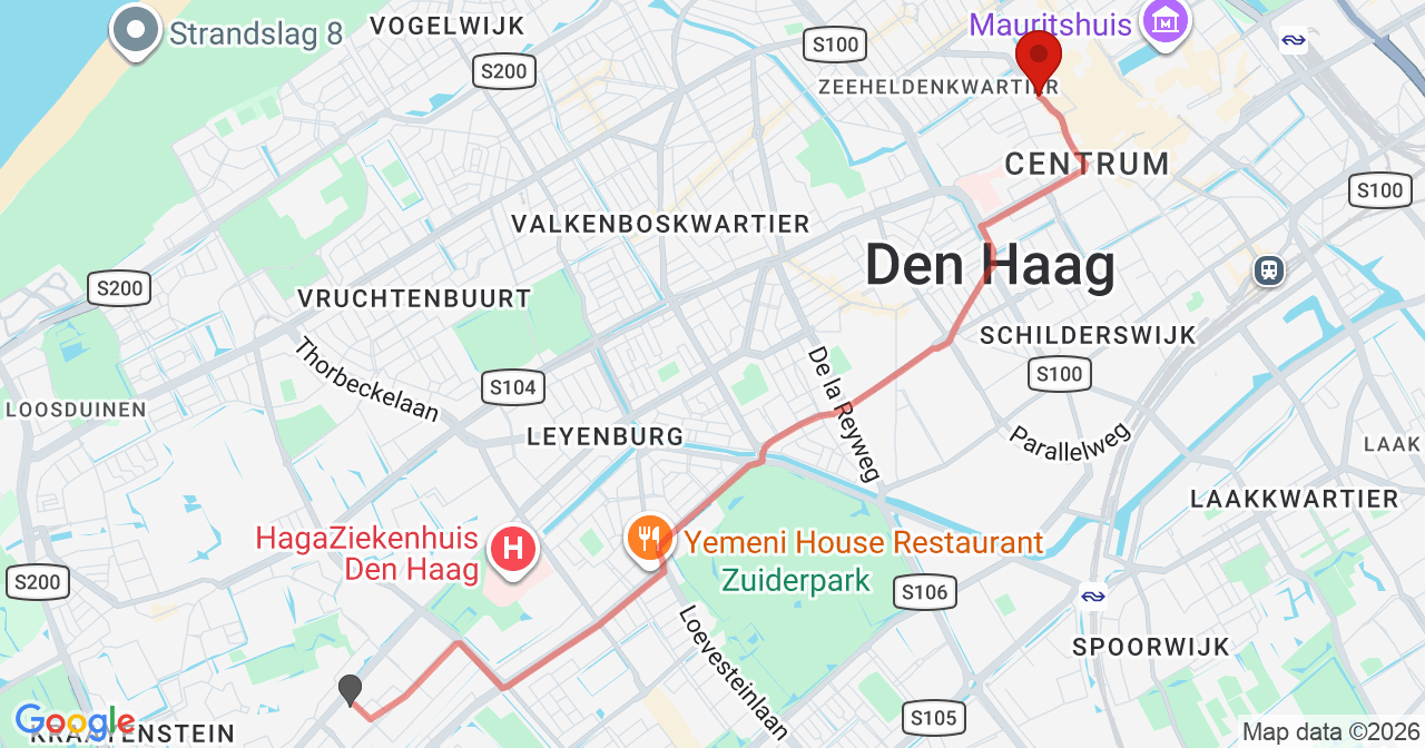 Kaart van het incident in 's-Gravenhage met de aanrijroutes van de gealarmeerde eenheden