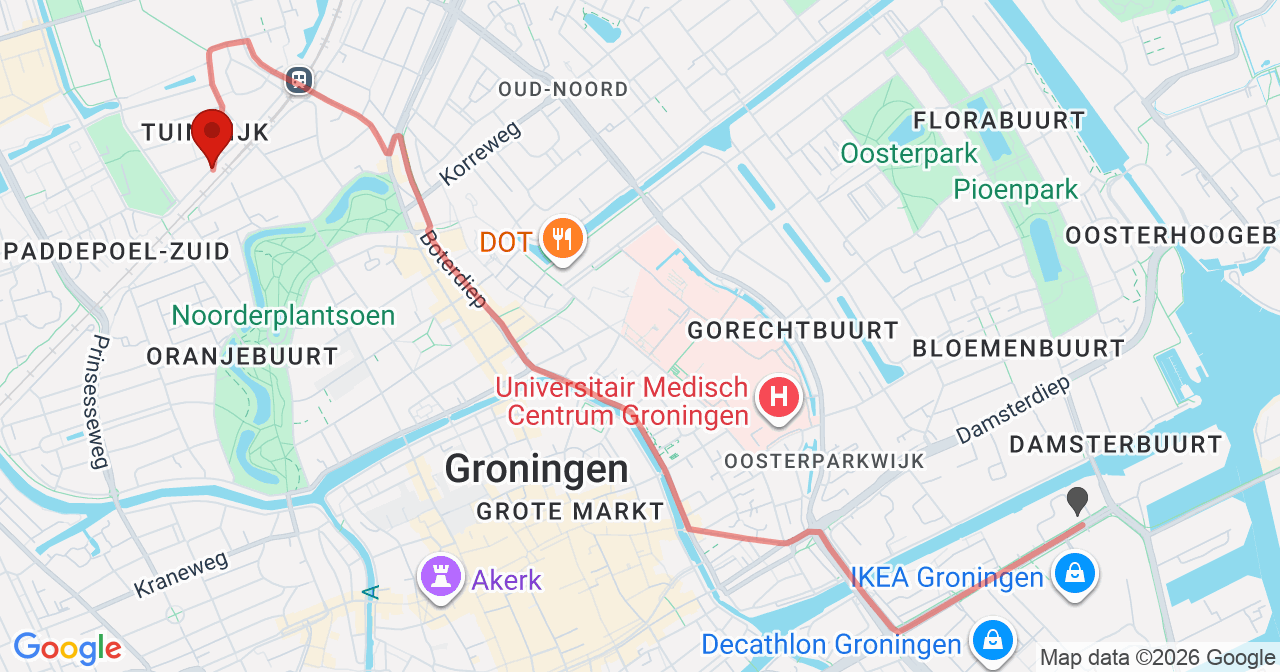 Kaart van het incident in Groningen met de aanrijroutes van de gealarmeerde eenheden
