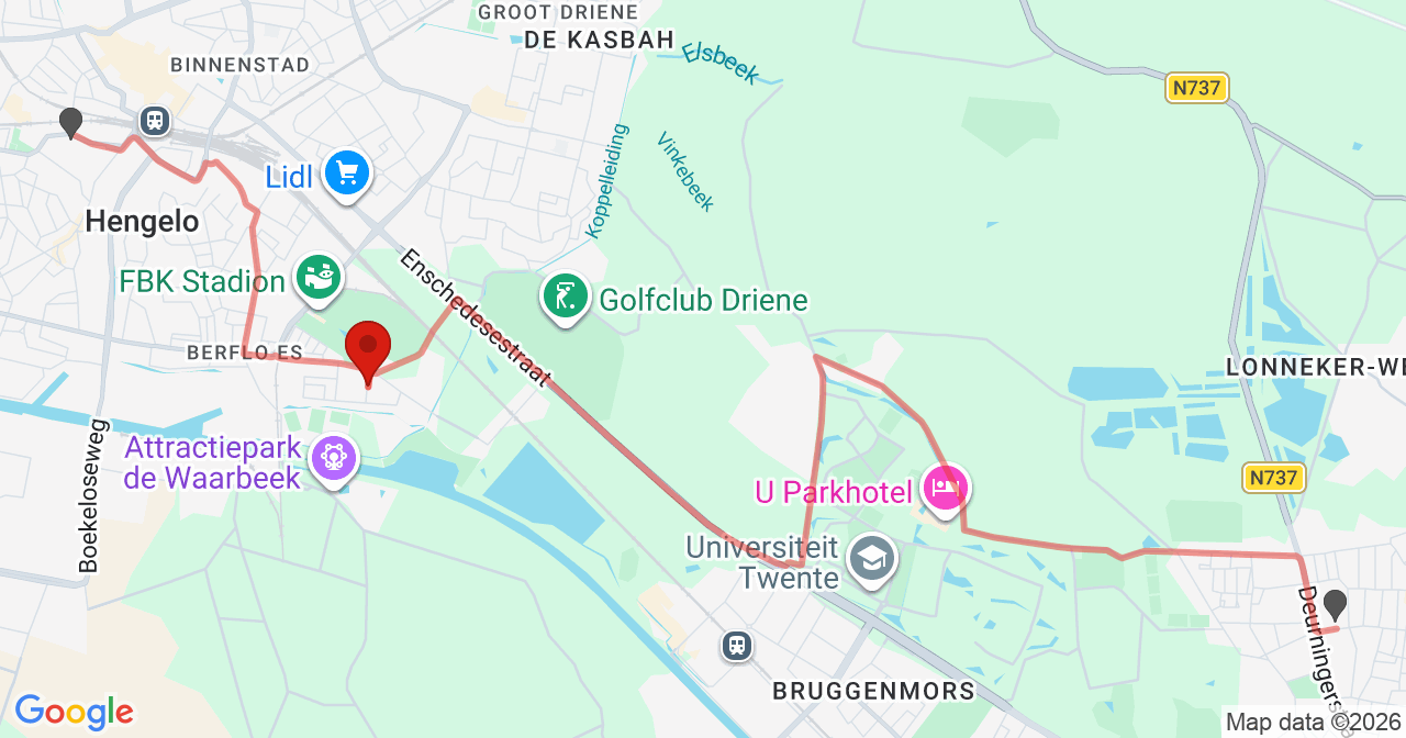 Kaart van het incident in Hengelo met de aanrijroutes van de gealarmeerde eenheden