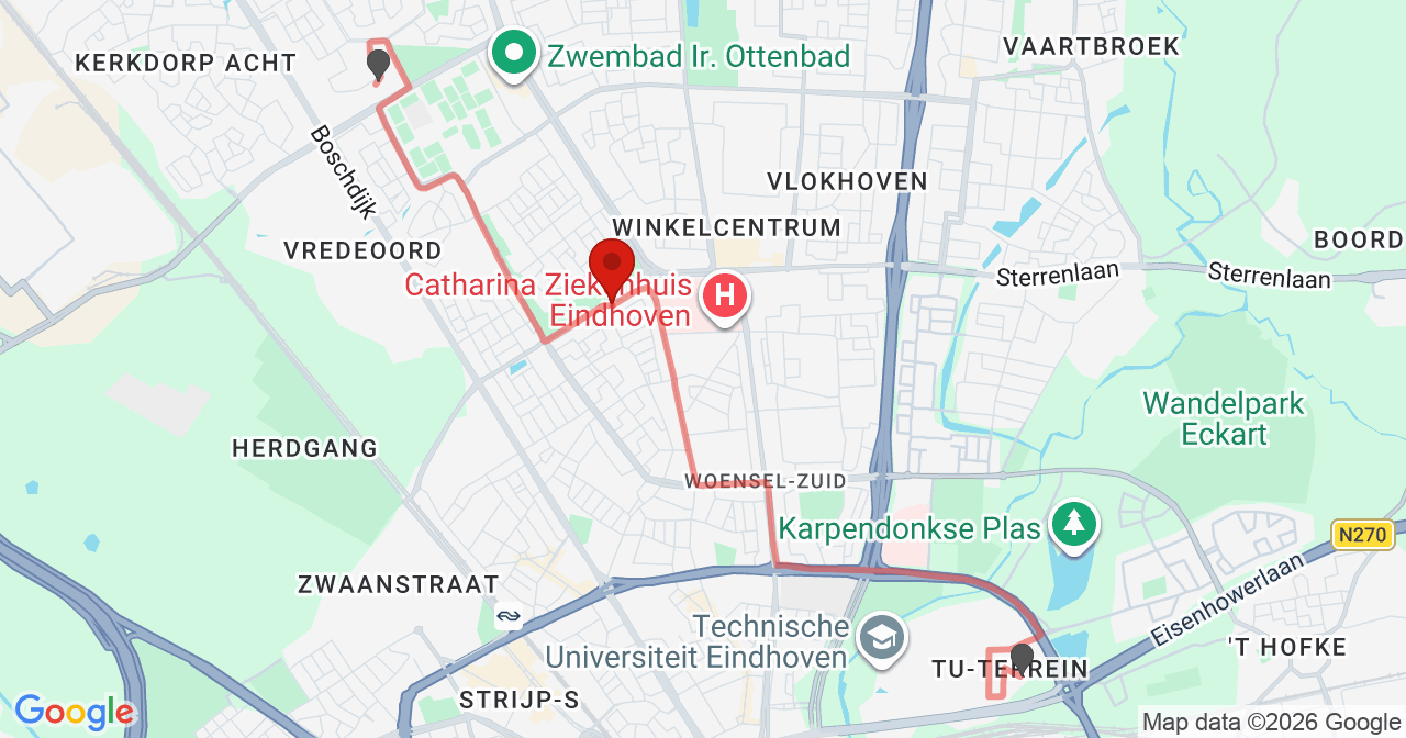 Kaart van het incident in Eindhoven met de aanrijroutes van de gealarmeerde eenheden