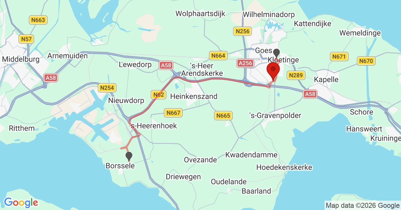 Kaart van het incident in Goes met de aanrijroutes van de gealarmeerde eenheden