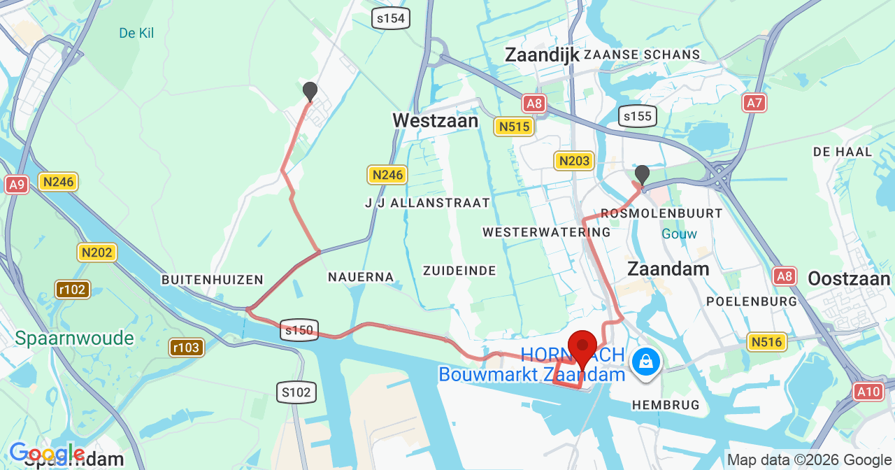 Kaart van het incident in Zaandam met de aanrijroutes van de gealarmeerde eenheden