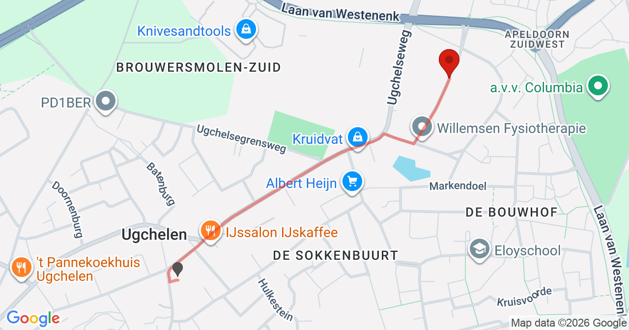 Kaart van het incident in Ugchelen met de aanrijroutes van de gealarmeerde eenheden