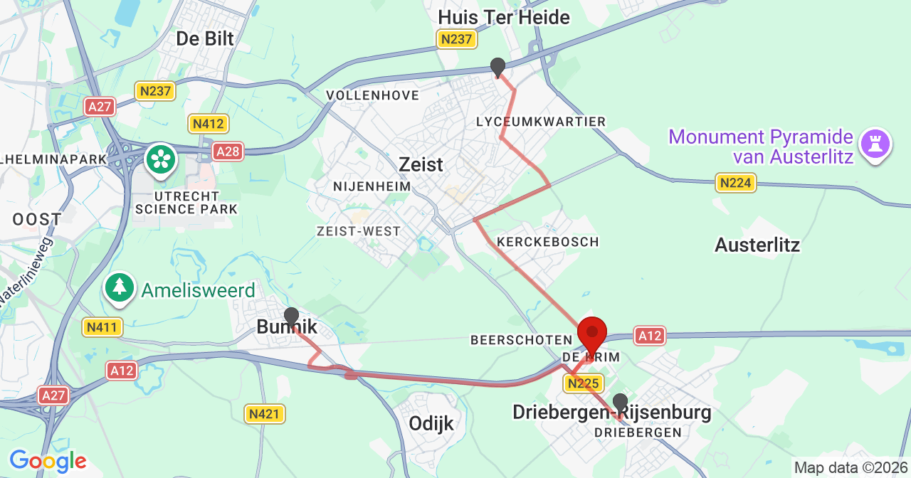Kaart van het incident in Driebergen-Rijsenburg met de aanrijroutes van de gealarmeerde eenheden