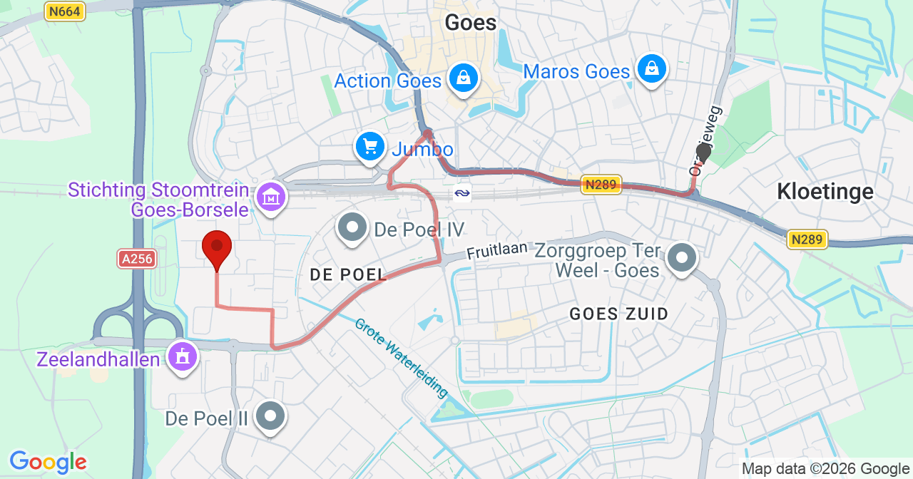 Kaart van het incident in Goes met de aanrijroutes van de gealarmeerde eenheden
