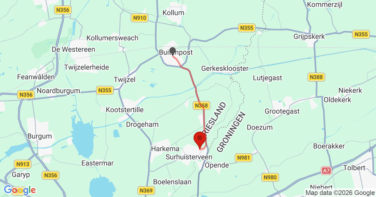 Kaart van het incident in Surhuisterveen met de aanrijroutes van de gealarmeerde eenheden