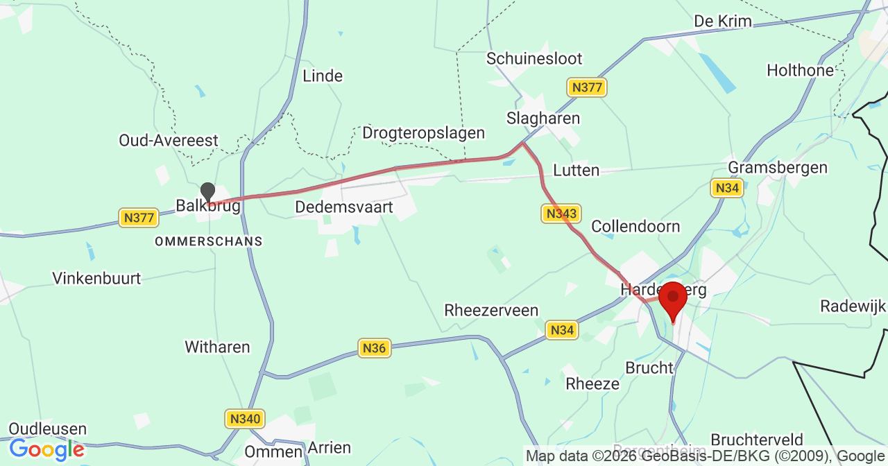 Kaart van het incident in Hardenberg met de aanrijroutes van de gealarmeerde eenheden