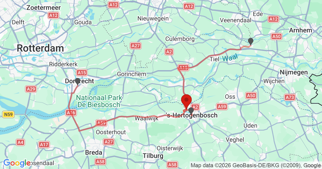 Kaart van het incident in 's-Hertogenbosch met de aanrijroutes van de gealarmeerde eenheden