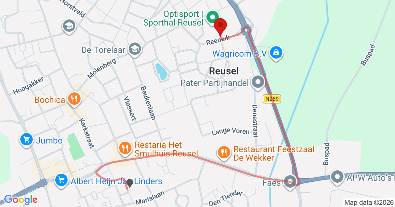 Kaart van het incident in Reusel met de aanrijroutes van de gealarmeerde eenheden