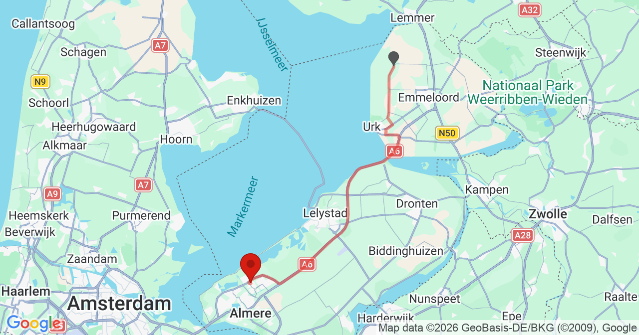 Kaart van het incident in Almere met de aanrijroutes van de gealarmeerde eenheden