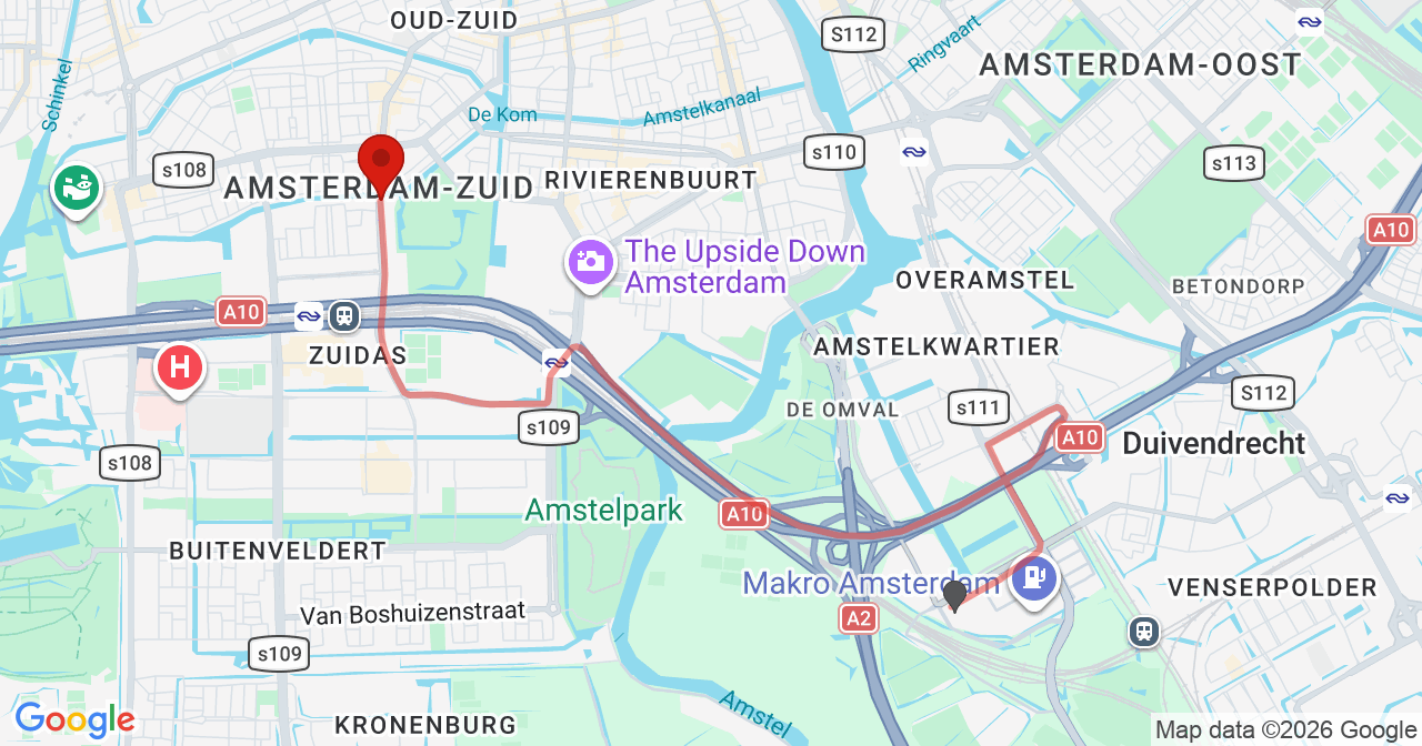 Kaart van het incident in Amsterdam met de aanrijroutes van de gealarmeerde eenheden