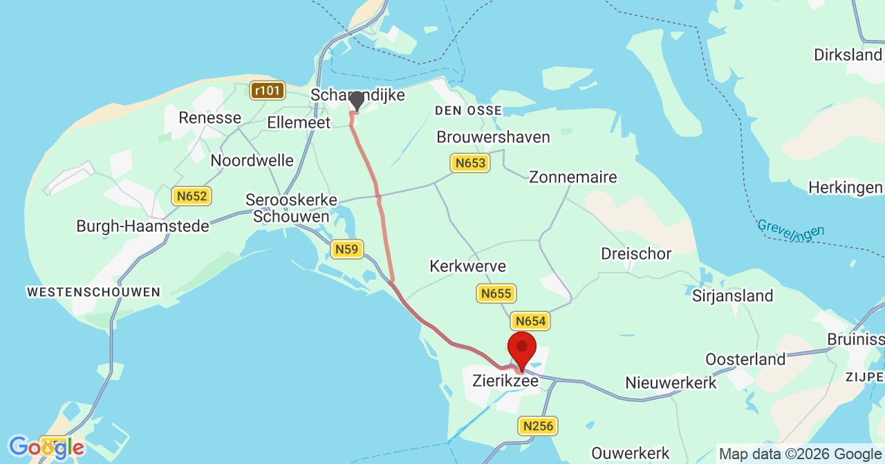 Kaart van het incident in Zierikzee met de aanrijroutes van de gealarmeerde eenheden