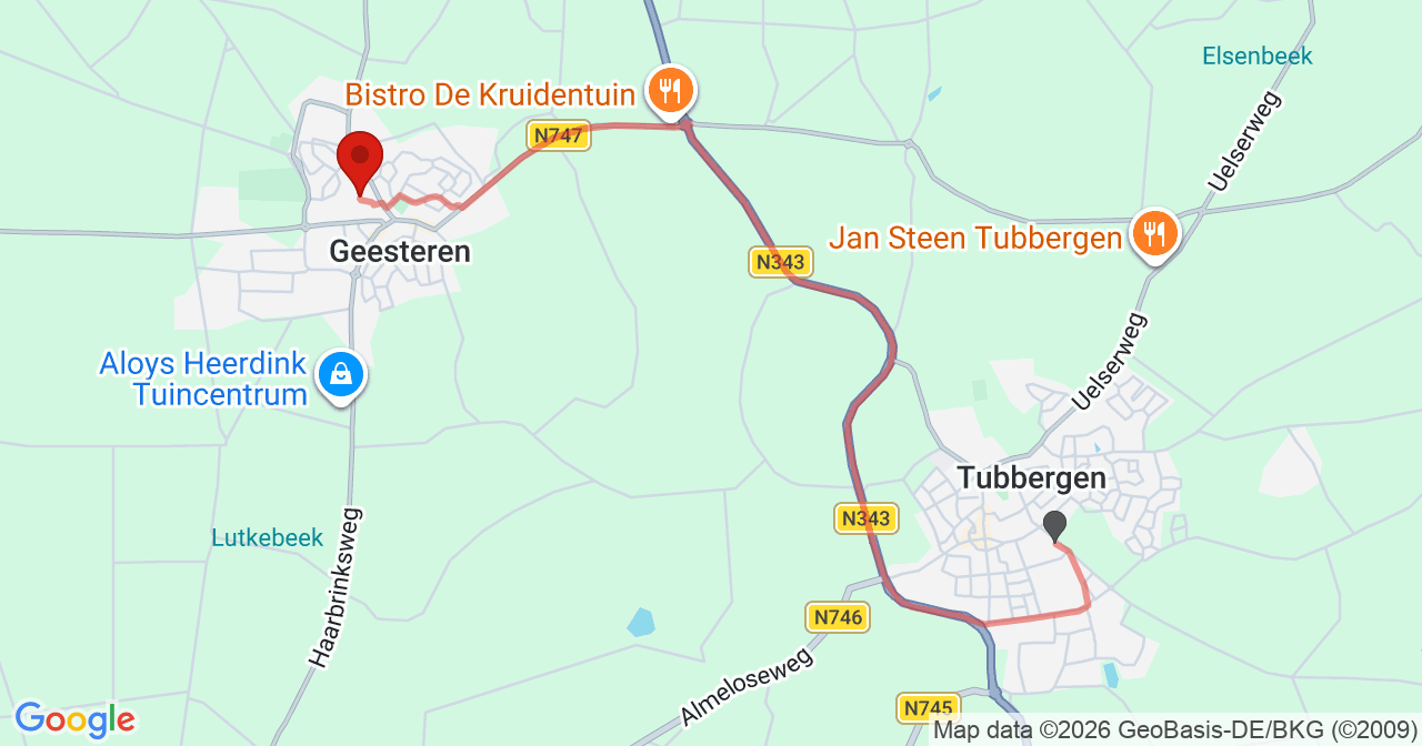 Kaart van het incident in Geesteren OV met de aanrijroutes van de gealarmeerde eenheden