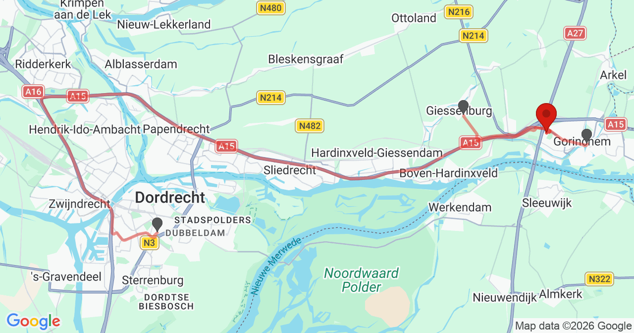 Kaart van het incident in Gorinchem met de aanrijroutes van de gealarmeerde eenheden