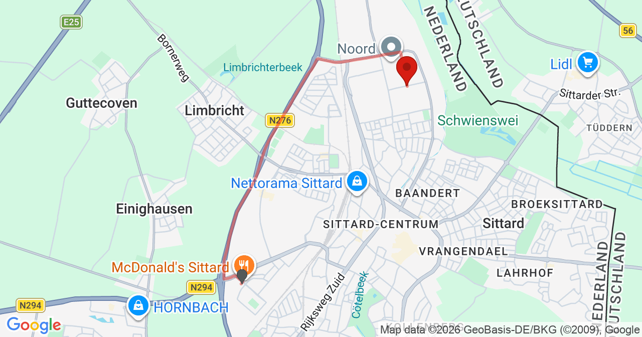 Kaart van het incident in Sittard met de aanrijroutes van de gealarmeerde eenheden