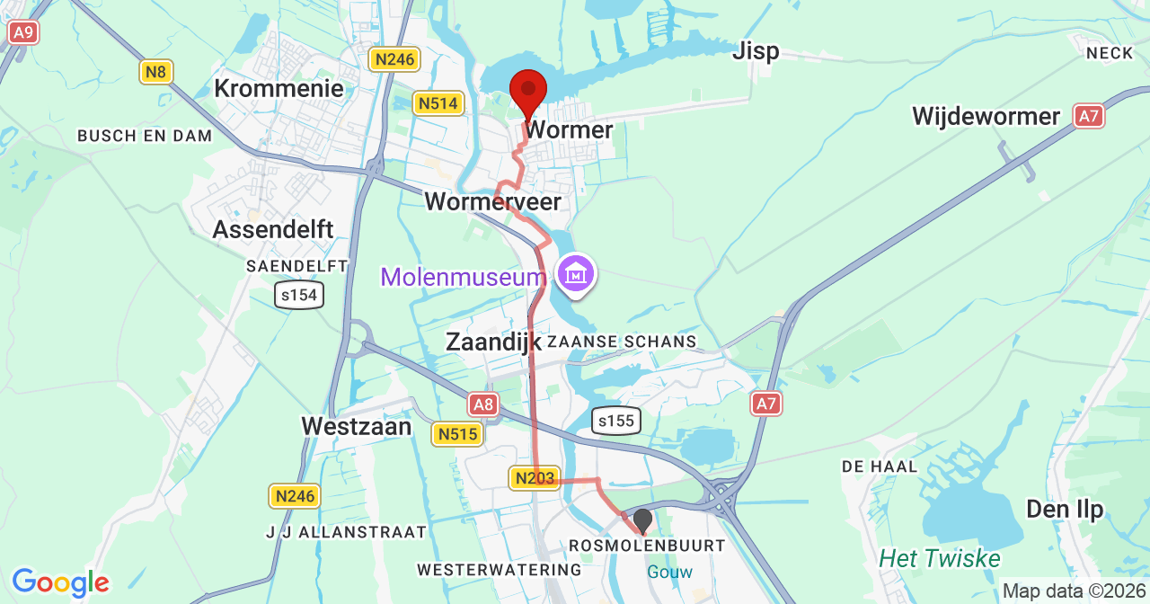 Kaart van het incident in Wormer met de aanrijroutes van de gealarmeerde eenheden