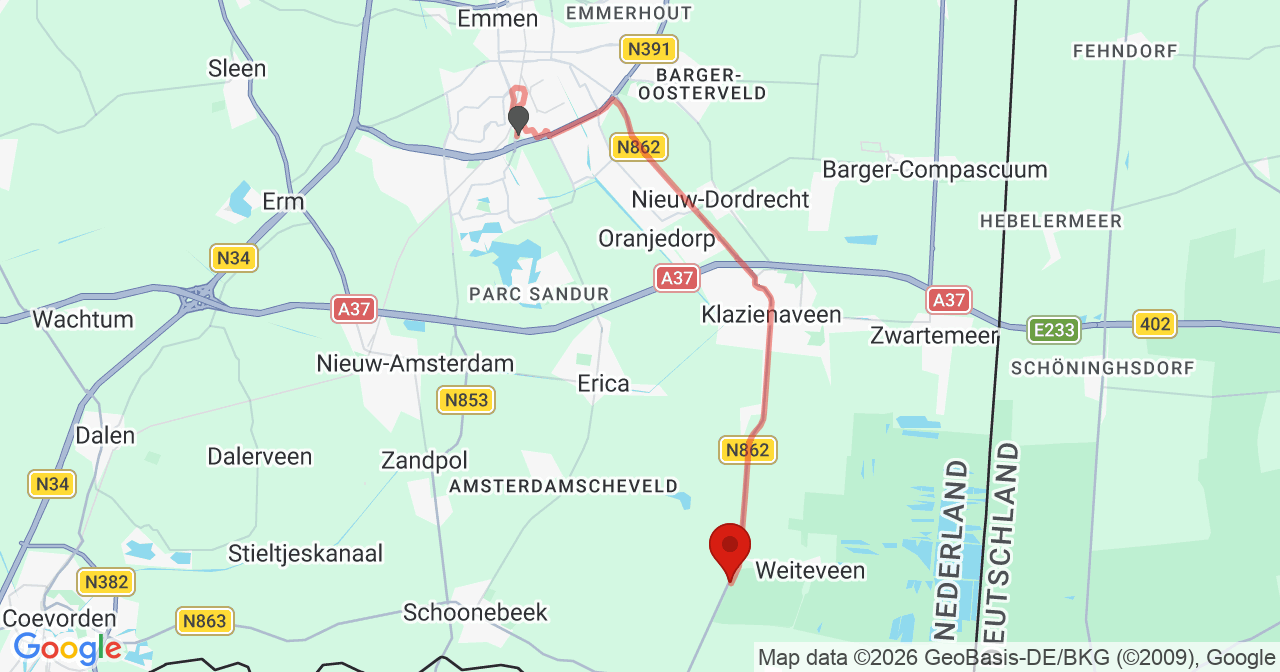 Kaart van het incident in Weiteveen met de aanrijroutes van de gealarmeerde eenheden