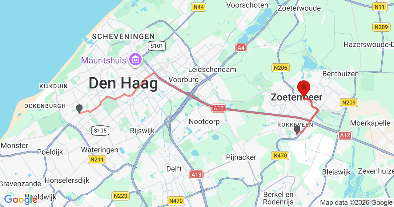 Kaart van het incident in Zoetermeer met de aanrijroutes van de gealarmeerde eenheden