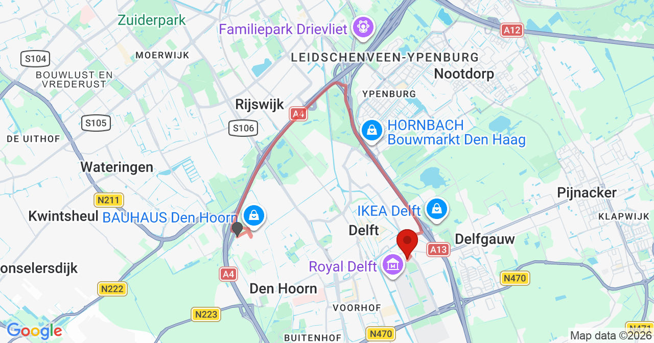 Kaart van het incident in Delft met de aanrijroutes van de gealarmeerde eenheden