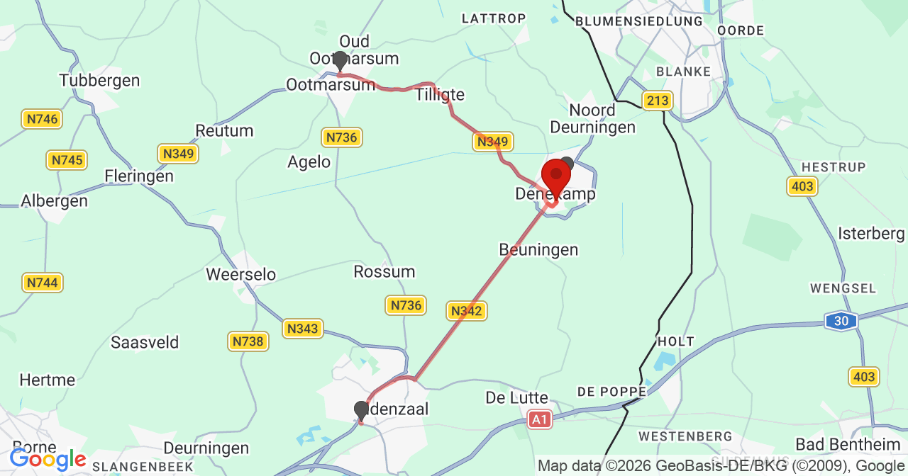 Kaart van het incident in Denekamp met de aanrijroutes van de gealarmeerde eenheden