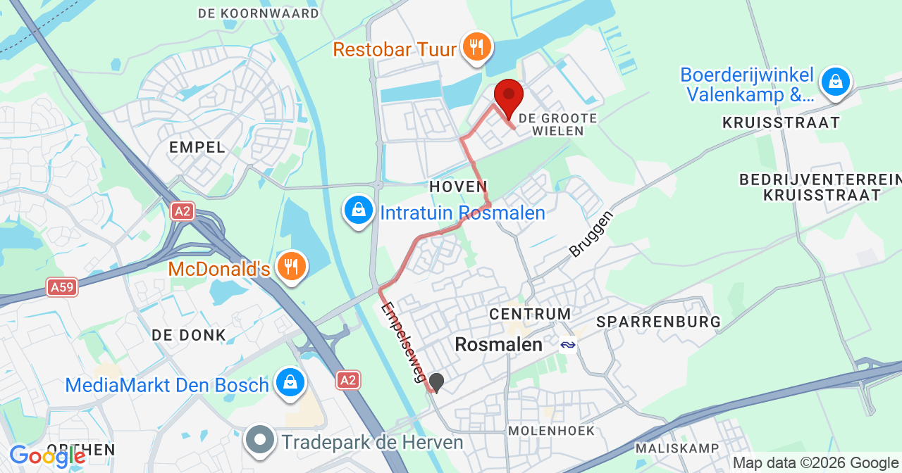 Kaart van het incident in Rosmalen met de aanrijroutes van de gealarmeerde eenheden