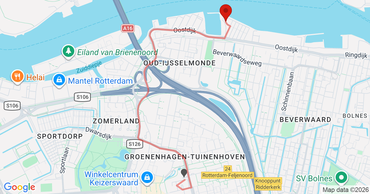 Kaart van het incident in Rotterdam met de aanrijroutes van de gealarmeerde eenheden