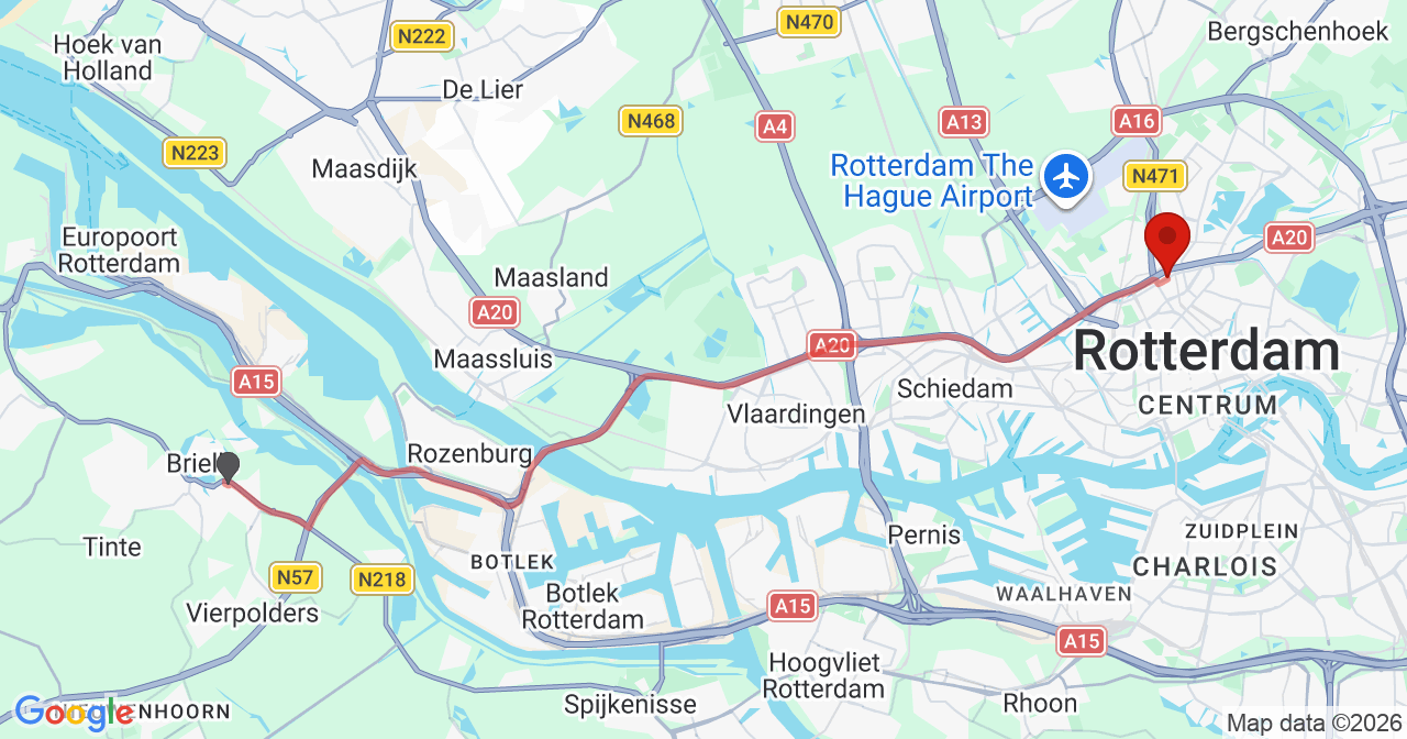 Kaart van het incident in Rotterdam met de aanrijroutes van de gealarmeerde eenheden