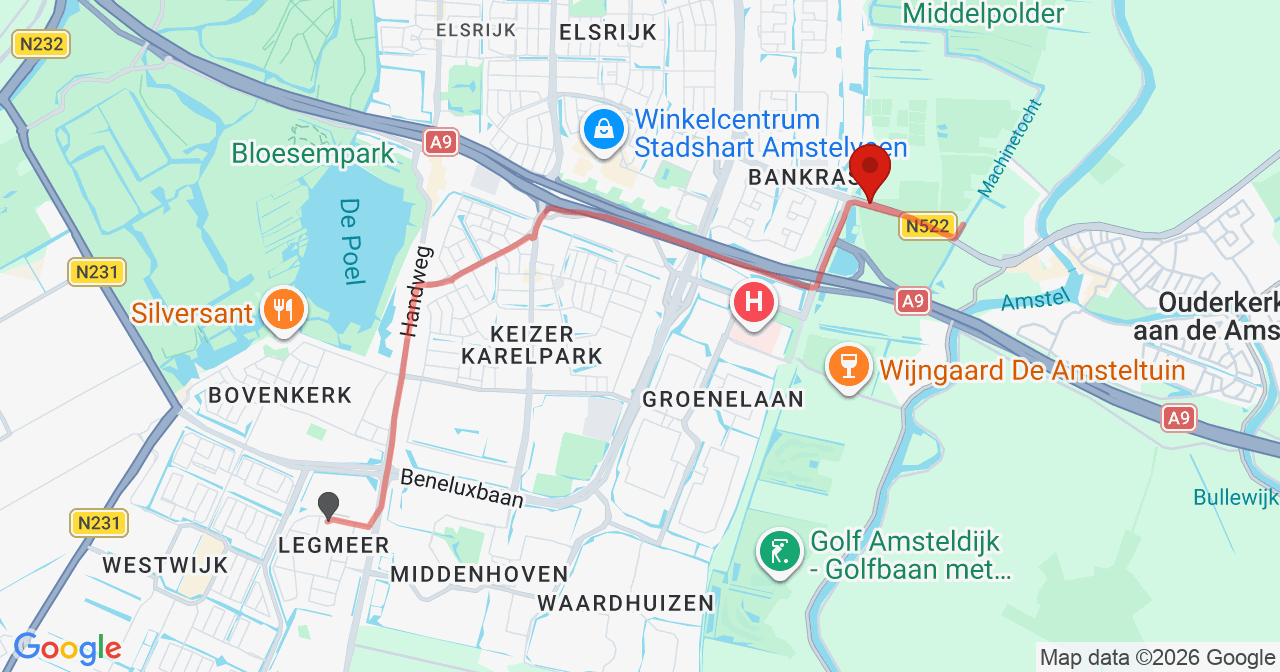 Kaart van het incident in Amstelveen met de aanrijroutes van de gealarmeerde eenheden