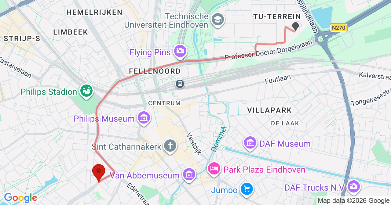 Kaart van het incident in Eindhoven met de aanrijroutes van de gealarmeerde eenheden