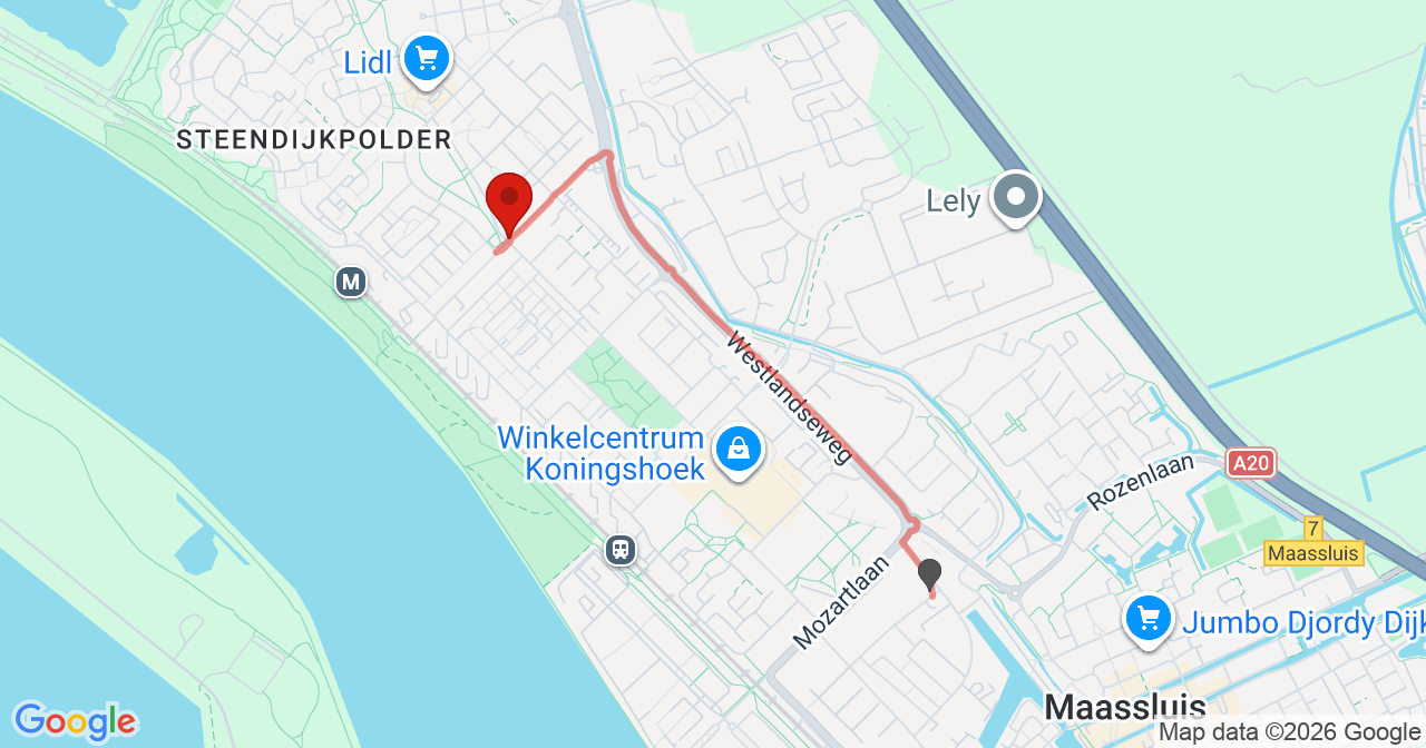 Kaart van het incident in Maassluis met de aanrijroutes van de gealarmeerde eenheden
